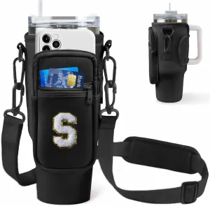 Water Bottle Sling Bag with Phone Pocket for Stanley 40oz Tumbler Cup Accessories,Chenille Letter Water Bottle Holder Pouch with Adjustable Shoulder Strap for Outdoor Activities(Black S)