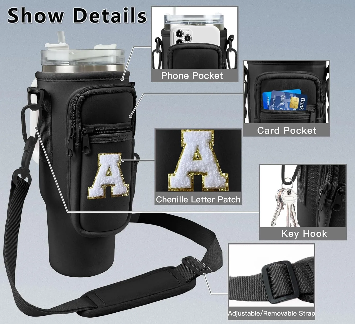Water Bottle Sling Bag with Phone Pocket for Stanley 40oz Tumbler Cup Accessories,Chenille Letter Water Bottle Holder Pouch with Adjustable Shoulder Strap for Outdoor Activities(Black S)