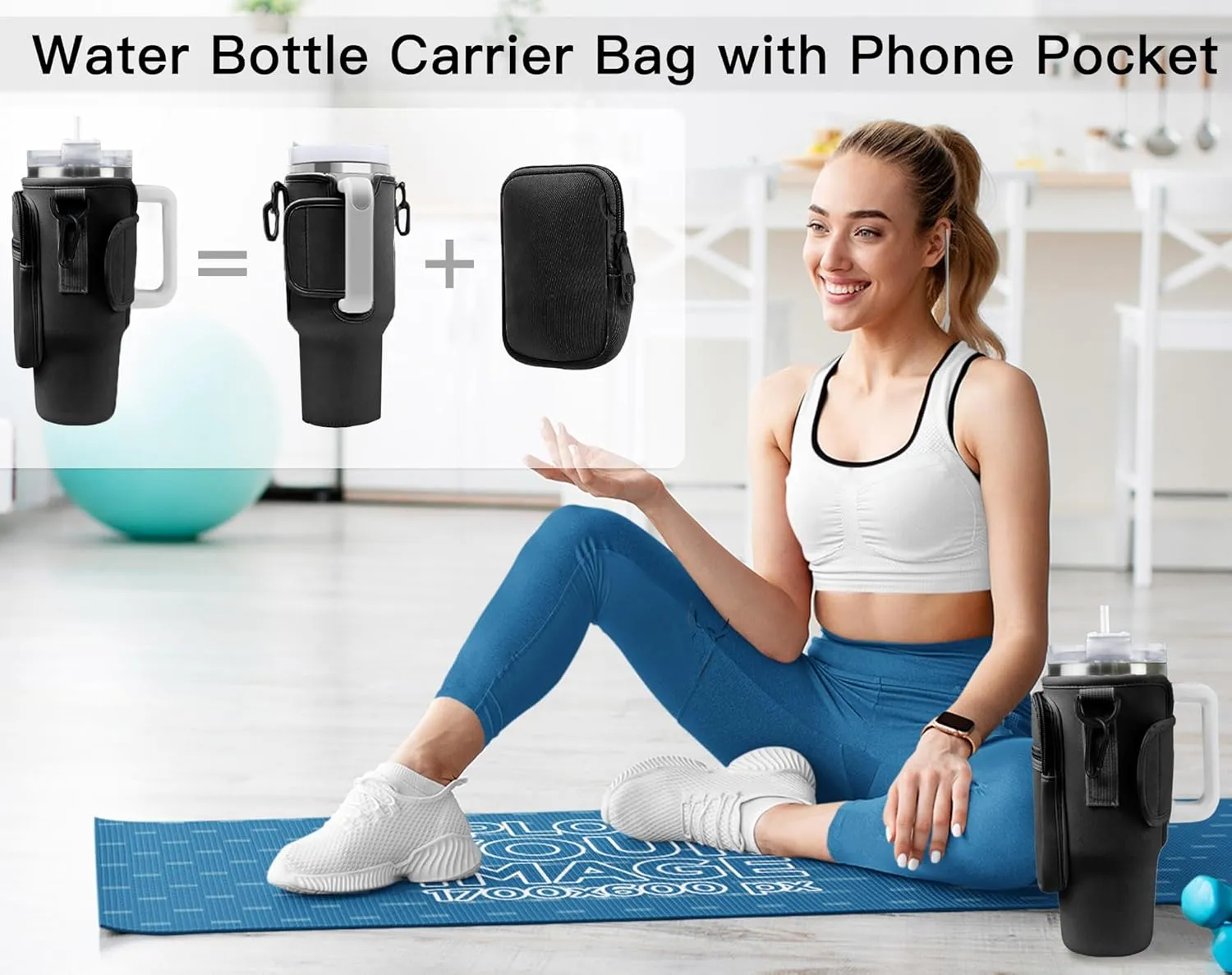 Water Bottle Sling Bag with Phone Pocket for Stanley 40oz Tumbler Cup Accessories,Chenille Letter Water Bottle Holder Pouch with Adjustable Shoulder Strap for Outdoor Activities(Black S)