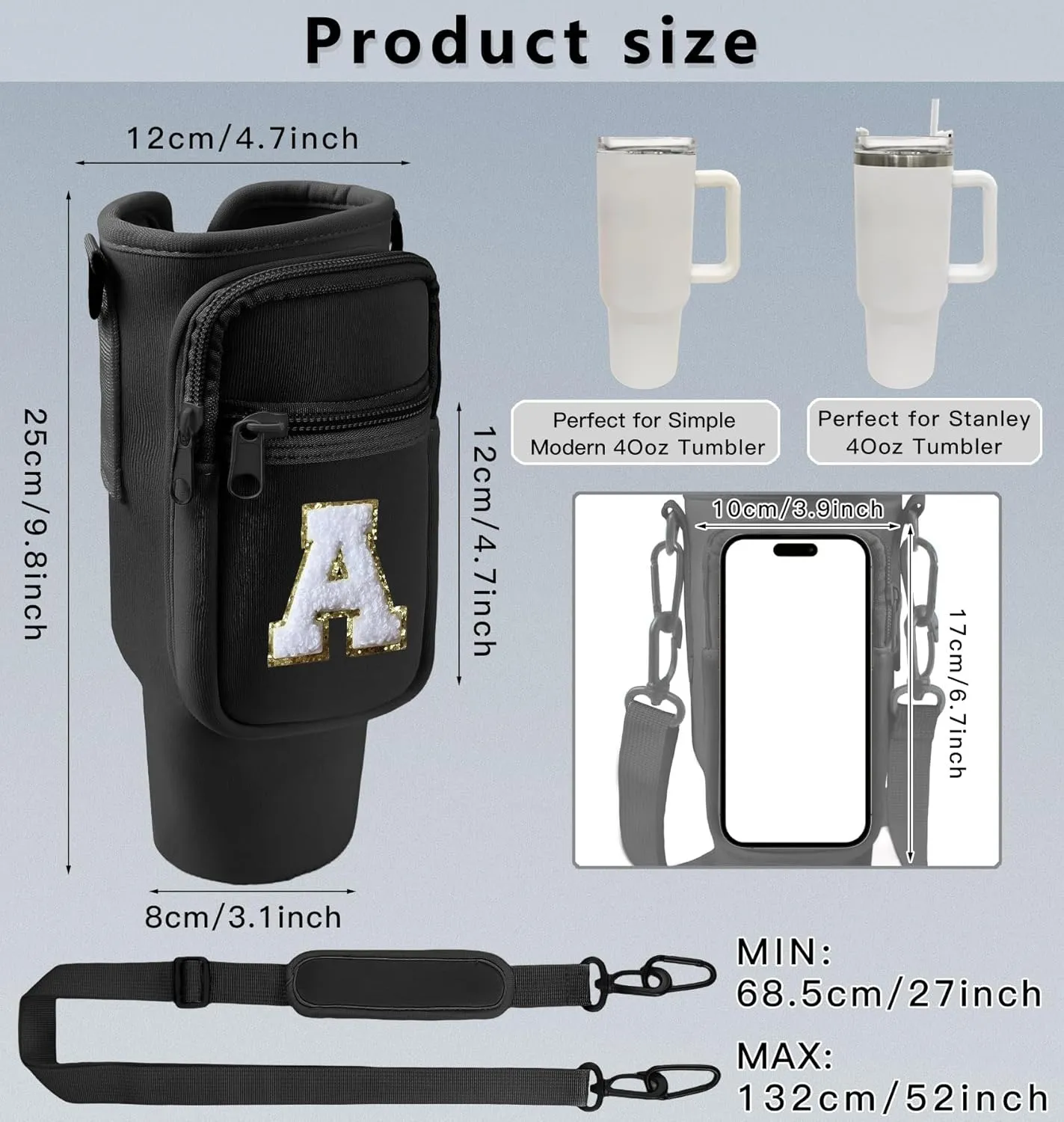 Water Bottle Sling Bag with Phone Pocket for Stanley 40oz Tumbler Cup Accessories,Chenille Letter Water Bottle Holder Pouch with Adjustable Shoulder Strap for Outdoor Activities(Black S)