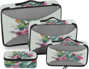 Watercolor Cactus Cacti Flowers 4 PCs Set Packing Bags, Luggage Organizer Bag, Portable Cube Toiletry bag, Durable Travel Cosmetic Storage Bag for Men Women