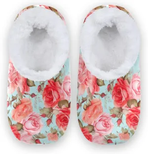 Watercolor Floral Roses Flowers Fuzzy Memory Foam Closed Back Slippers for Women Men Knit Fleece Lined House Shoes with Anti-Skid Sole Sock Slippers for Hotel Outdoor Indoor Bedroom