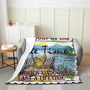 Watercolor Lake Theme Flannel Blanket,Vintage Abstract Outdoor Lakeside Camping Fuzzy Warm Blanket for Boys Girls Women,Rustic Farmhpouse Style Wooden Texture Bed Sofa Couch Blankets 40"x50"