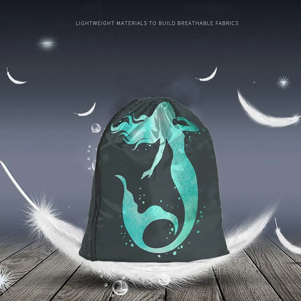 Watercolor Mermaid Drawstring Bags Backpack Bag Beautiful Silhouette Hand Painted Ocean Theme Fairy Sport Gym Sack Drawstring Bag String Bag Yoga Bag for Men Women