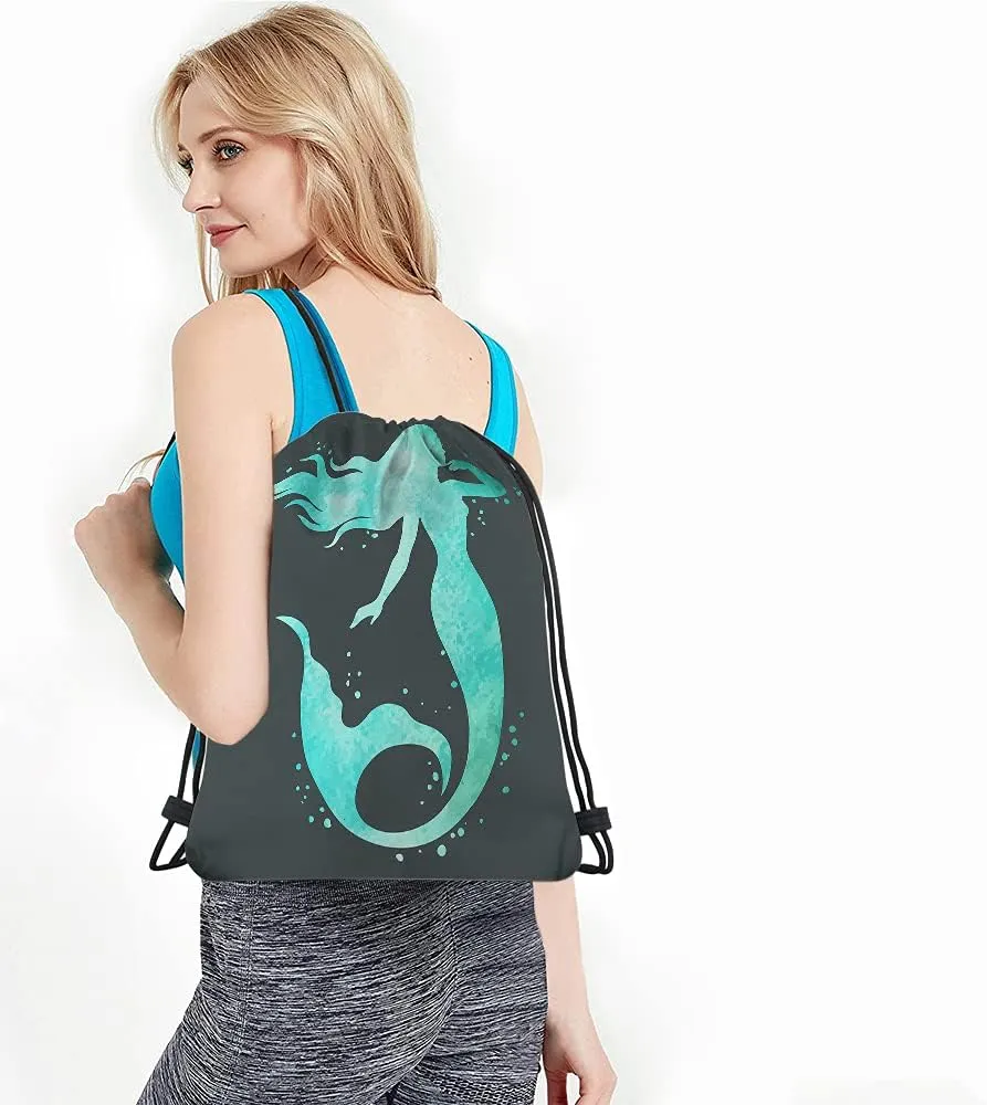 Watercolor Mermaid Drawstring Bags Backpack Bag Beautiful Silhouette Hand Painted Ocean Theme Fairy Sport Gym Sack Drawstring Bag String Bag Yoga Bag for Men Women