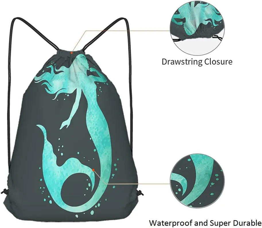 Watercolor Mermaid Drawstring Bags Backpack Bag Beautiful Silhouette Hand Painted Ocean Theme Fairy Sport Gym Sack Drawstring Bag String Bag Yoga Bag for Men Women