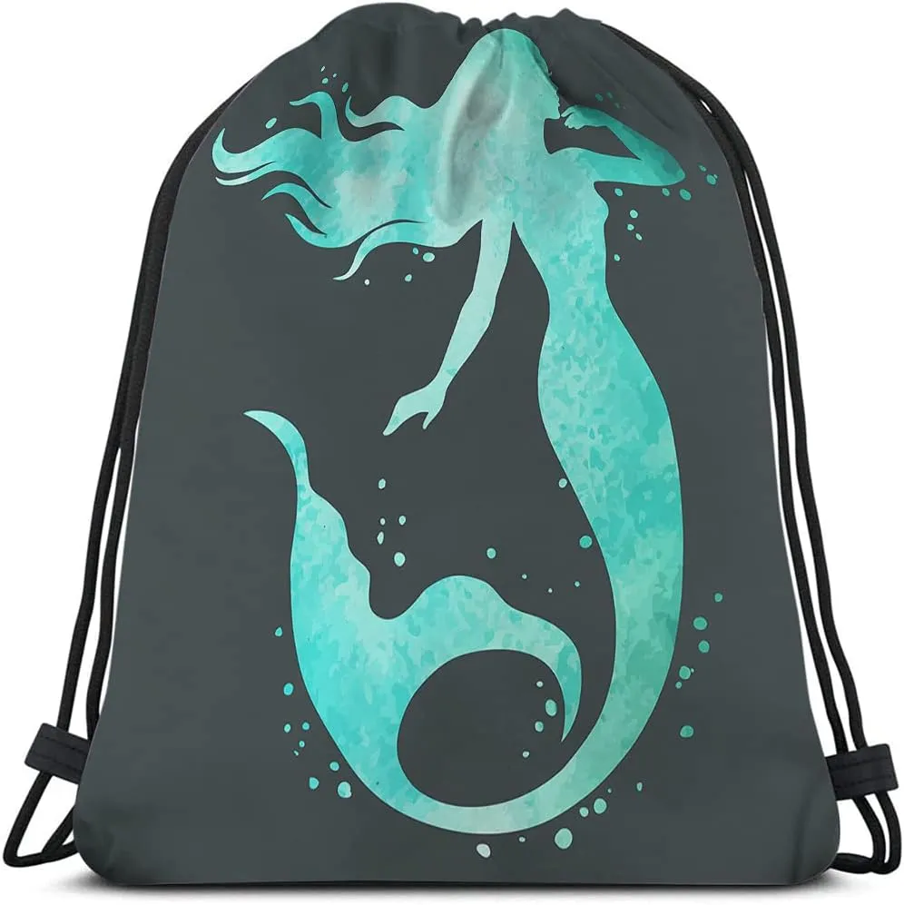 Watercolor Mermaid Drawstring Bags Backpack Bag Beautiful Silhouette Hand Painted Ocean Theme Fairy Sport Gym Sack Drawstring Bag String Bag Yoga Bag for Men Women
