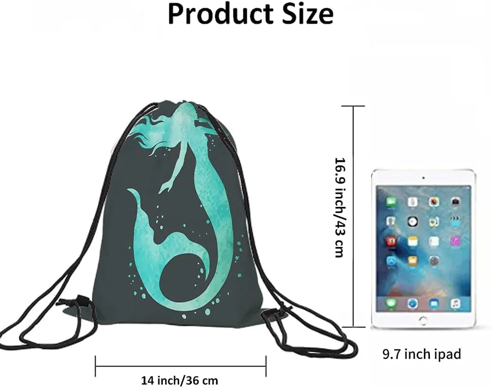 Watercolor Mermaid Drawstring Bags Backpack Bag Beautiful Silhouette Hand Painted Ocean Theme Fairy Sport Gym Sack Drawstring Bag String Bag Yoga Bag for Men Women