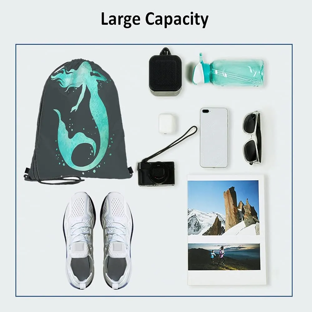 Watercolor Mermaid Drawstring Bags Backpack Bag Beautiful Silhouette Hand Painted Ocean Theme Fairy Sport Gym Sack Drawstring Bag String Bag Yoga Bag for Men Women