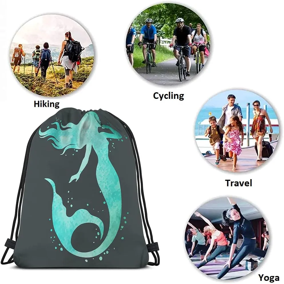 Watercolor Mermaid Drawstring Bags Backpack Bag Beautiful Silhouette Hand Painted Ocean Theme Fairy Sport Gym Sack Drawstring Bag String Bag Yoga Bag for Men Women