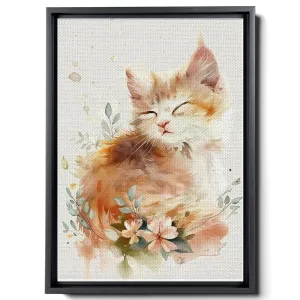 Watercolor Of A Kitten And Flowers, In The Style Of Animals And People, Light Beige And Light Amber,Light Emerald And Light Amber,Pictorial, Colorful Animations, Canvas Prints