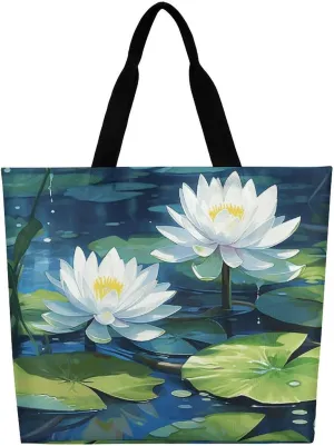 Watercolor of Water Lilies Tote Bag Large Women Casual Shoulder Bag Reusable Grocery Bag Fasion Handbag for Office Shopping Travel