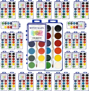 Watercolor Paint Pack with Wood Brushes 12 Washable Colors (1 Count (Pack of 36))