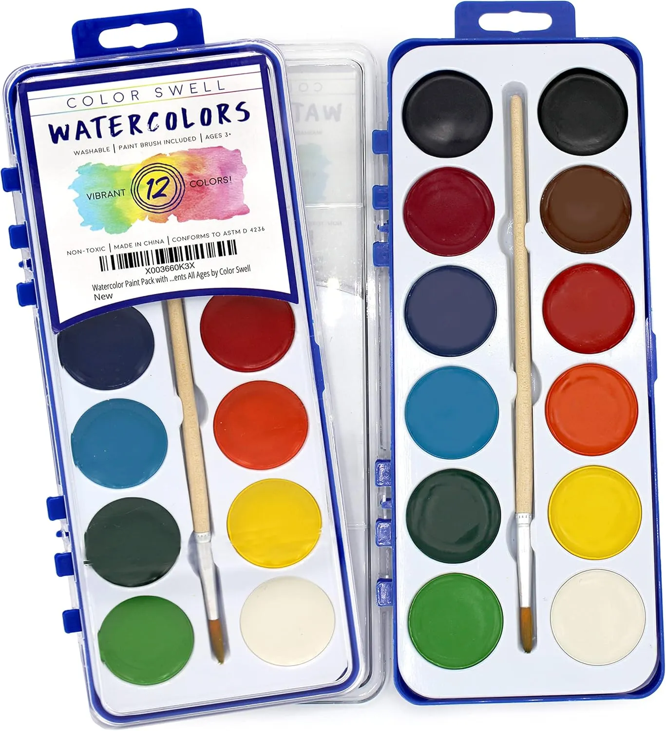 Watercolor Paint Pack with Wood Brushes 12 Washable Colors (1 Count (Pack of 36))