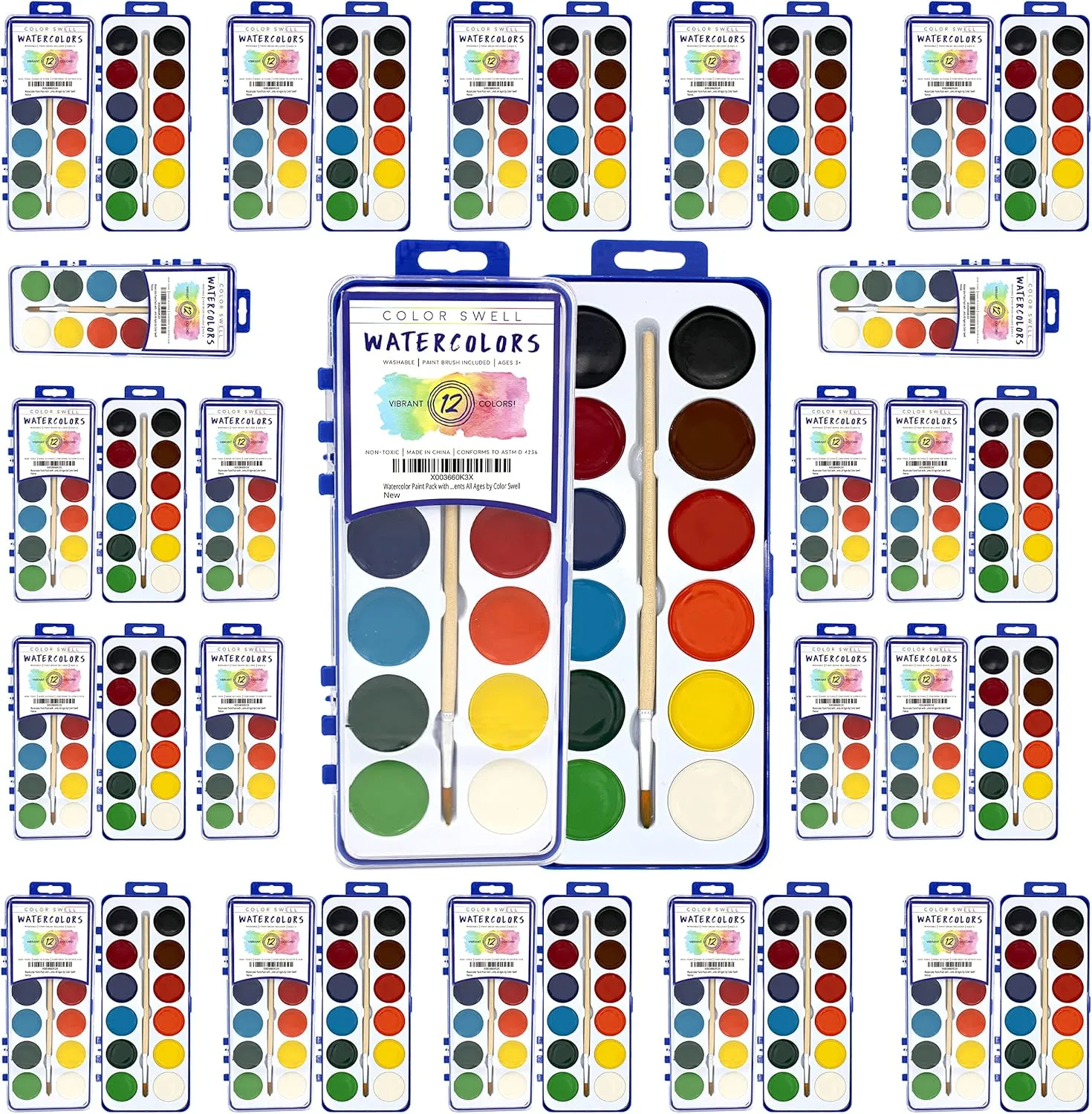 Watercolor Paint Pack with Wood Brushes 12 Washable Colors (1 Count (Pack of 36))