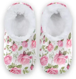 Watercolor Pink Rose Vintage Fuzzy Memory Foam Closed Back Slippers for Women Men Knit Fleece Lined House Shoes with Anti-Skid Sole Household Slippers for Hotel Outdoor Indoor Bedroom