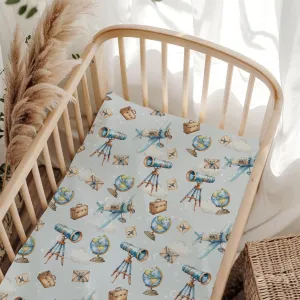 Watercolor Plane Telescopes Baby Crib Sheets for Boy Girl 28"x52" Breathable Vintage Travel Bag Stamp Moon Stars Fitted Crib Sheet Adventure Fits Standard Cribs and Toddler Mattresses