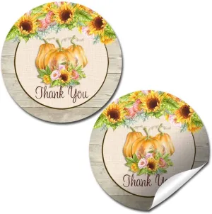 Watercolor Pumpkin, Sunflower, and Peony Themed Thank You Sticker Labels, 40 2" Party Circle Stickers by AmandaCreation, Great for Party Favors, Envelope Seals & Goodie Bags