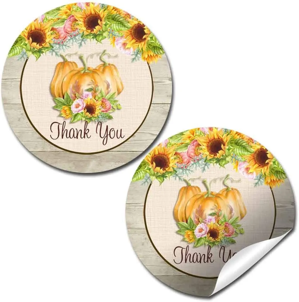 Watercolor Pumpkin, Sunflower, and Peony Themed Thank You Sticker Labels, 40 2" Party Circle Stickers by AmandaCreation, Great for Party Favors, Envelope Seals & Goodie Bags