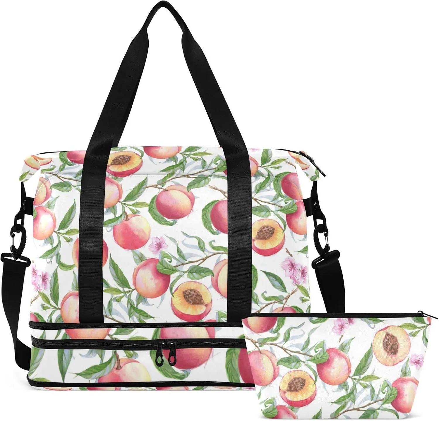 Watercolor Seamless Pink Peaches with Branches Green Leaves Gym Duffel Bag, Polyester Travel Weekender Luggage Handbag with Waterproof Pocket for Wet Items, Unisex Foldable Tote for Sports