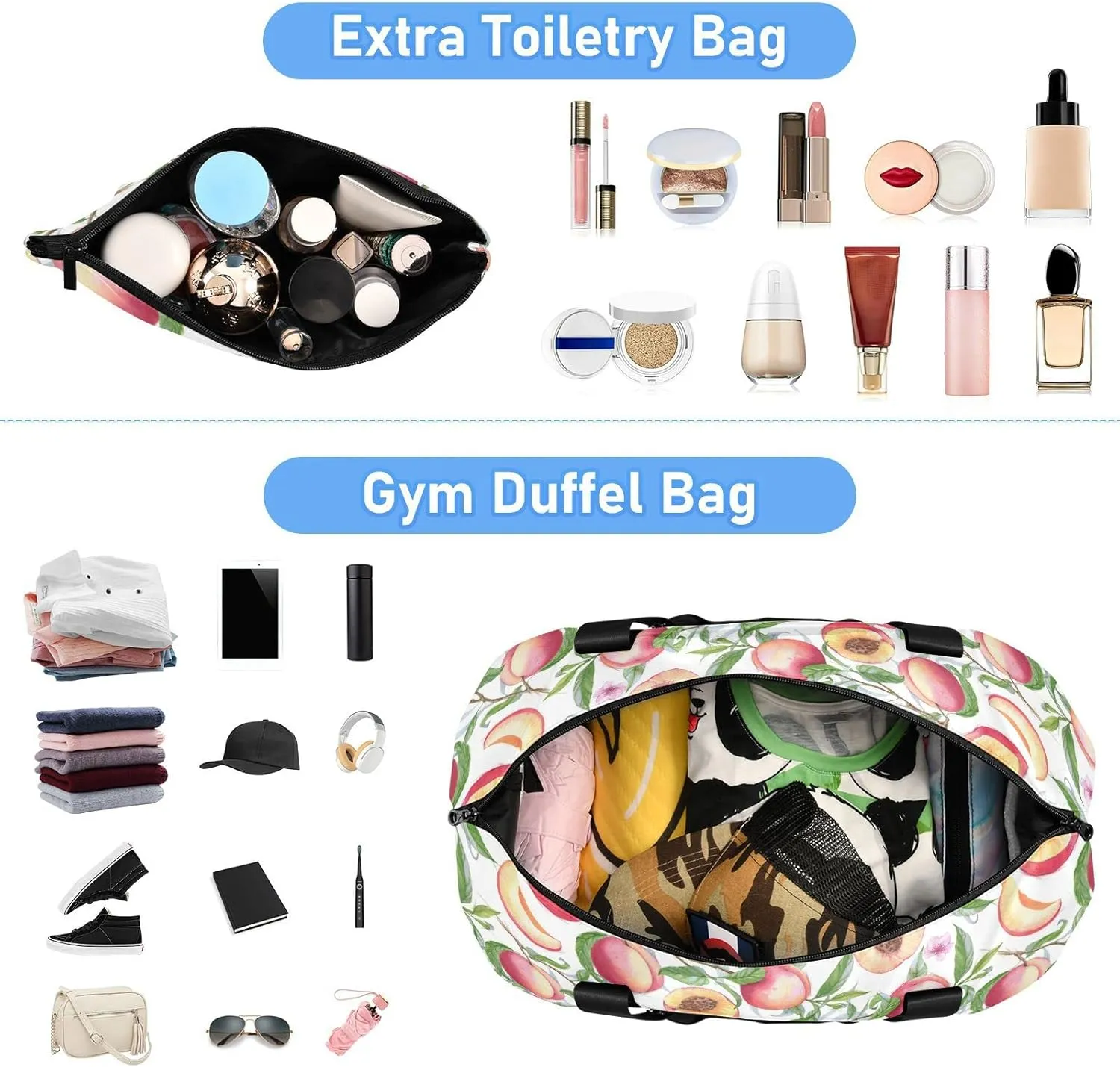 Watercolor Seamless Pink Peaches with Branches Green Leaves Gym Duffel Bag, Polyester Travel Weekender Luggage Handbag with Waterproof Pocket for Wet Items, Unisex Foldable Tote for Sports