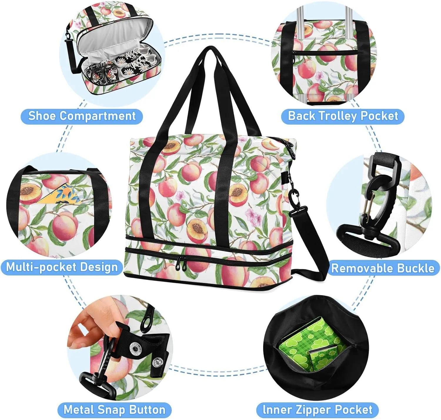 Watercolor Seamless Pink Peaches with Branches Green Leaves Gym Duffel Bag, Polyester Travel Weekender Luggage Handbag with Waterproof Pocket for Wet Items, Unisex Foldable Tote for Sports