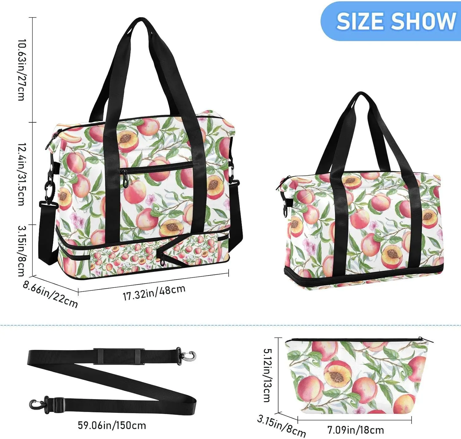 Watercolor Seamless Pink Peaches with Branches Green Leaves Gym Duffel Bag, Polyester Travel Weekender Luggage Handbag with Waterproof Pocket for Wet Items, Unisex Foldable Tote for Sports