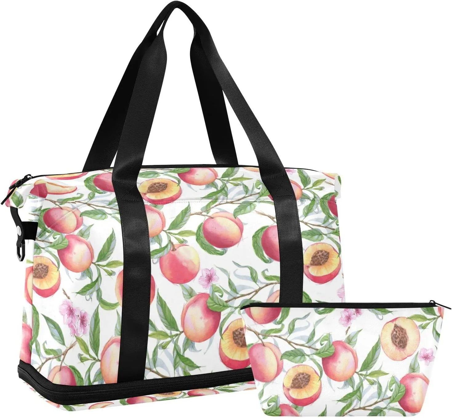 Watercolor Seamless Pink Peaches with Branches Green Leaves Gym Duffel Bag, Polyester Travel Weekender Luggage Handbag with Waterproof Pocket for Wet Items, Unisex Foldable Tote for Sports