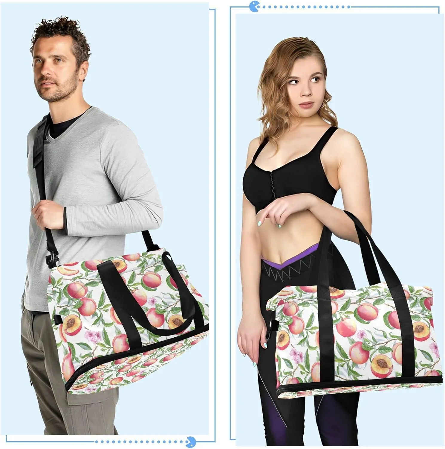 Watercolor Seamless Pink Peaches with Branches Green Leaves Gym Duffel Bag, Polyester Travel Weekender Luggage Handbag with Waterproof Pocket for Wet Items, Unisex Foldable Tote for Sports