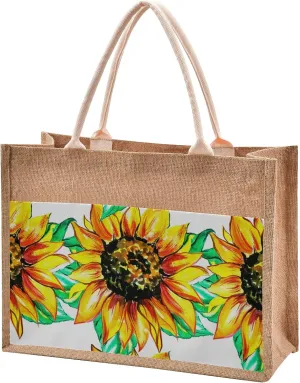 Watercolor Sunflowers Jute Tote Bag Jute Gift Bags with Handle Burlap Tote Bag Reusable Grocery Bags for Women