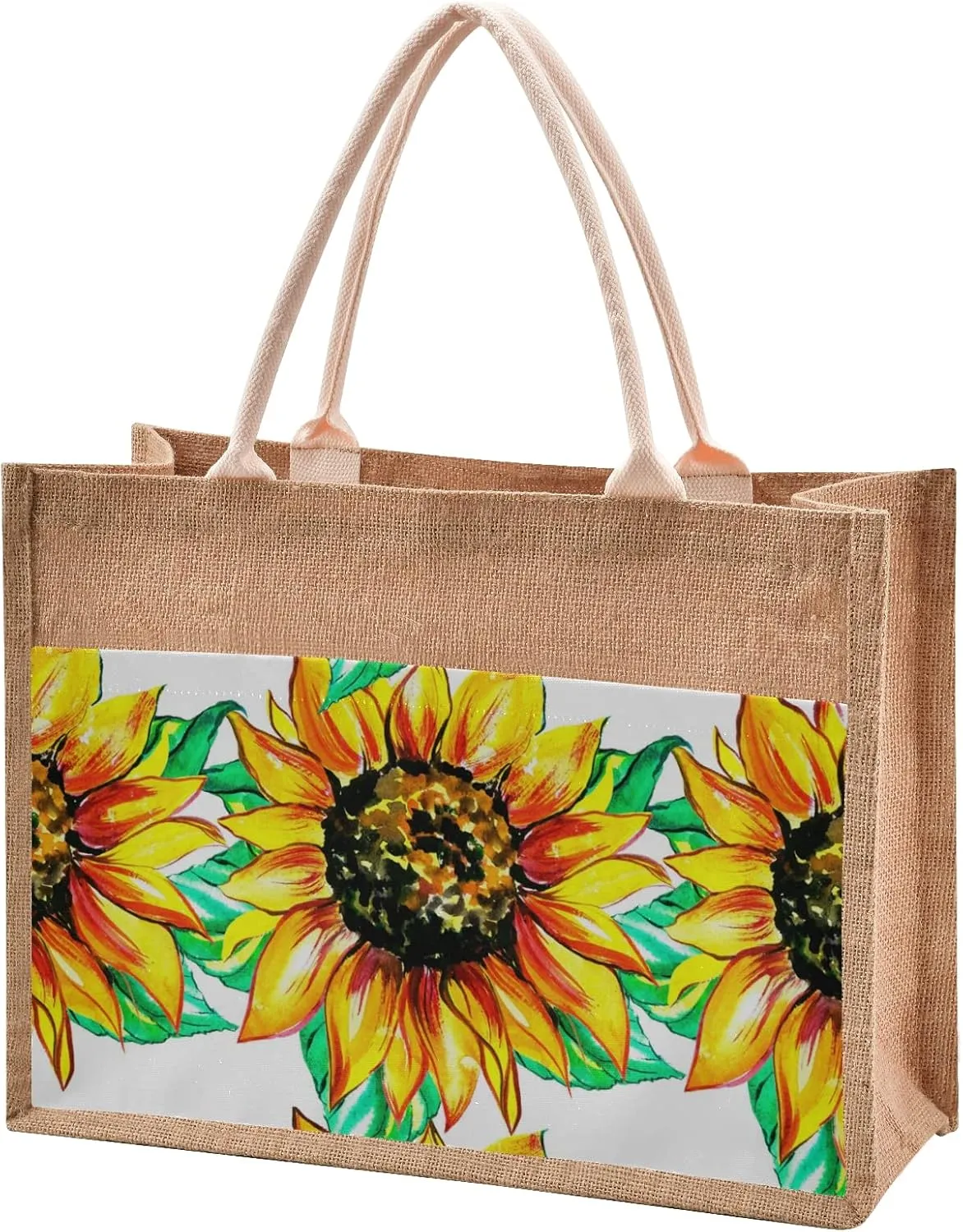 Watercolor Sunflowers Jute Tote Bag Jute Gift Bags with Handle Burlap Tote Bag Reusable Grocery Bags for Women