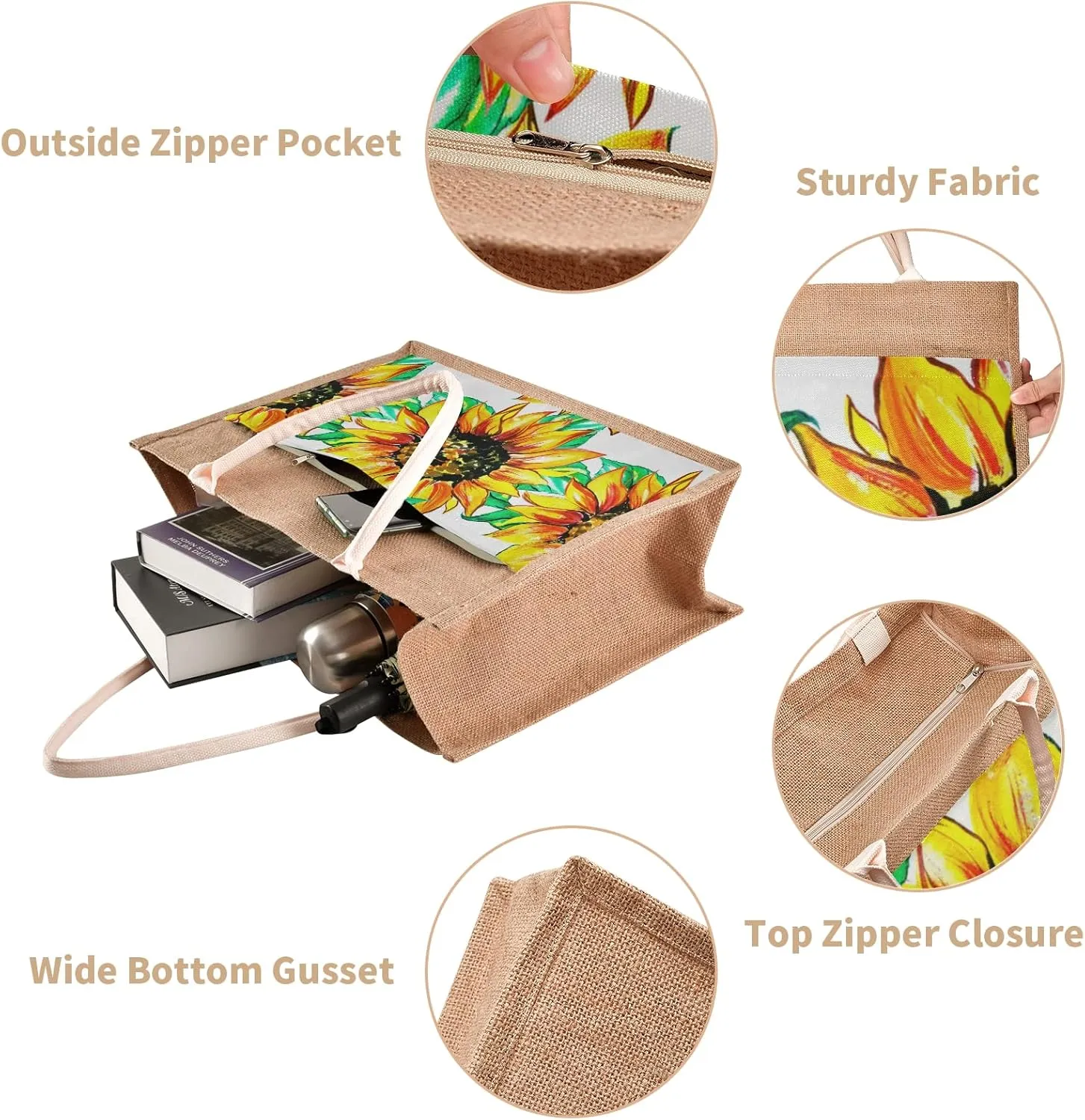 Watercolor Sunflowers Jute Tote Bag Jute Gift Bags with Handle Burlap Tote Bag Reusable Grocery Bags for Women