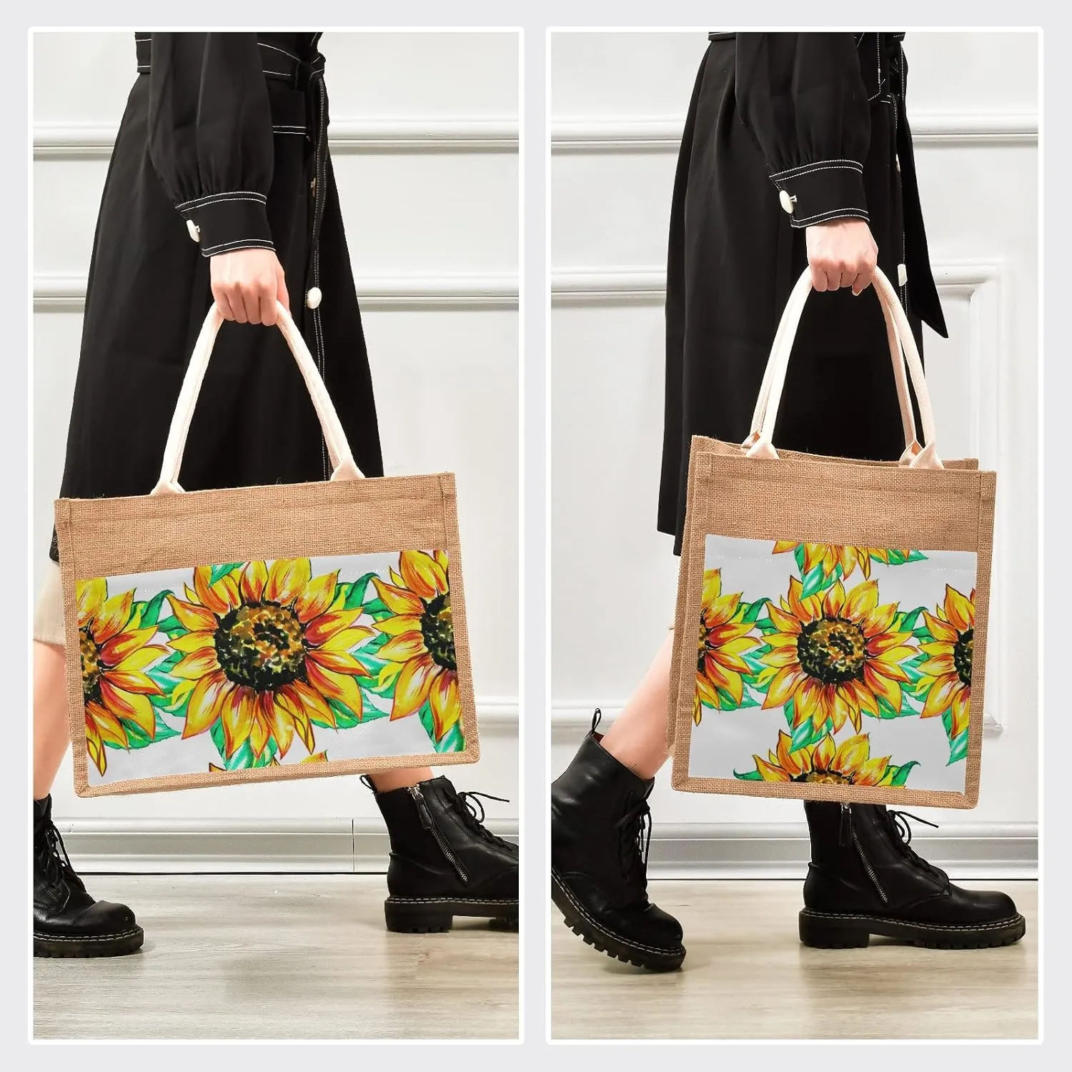 Watercolor Sunflowers Jute Tote Bag Jute Gift Bags with Handle Burlap Tote Bag Reusable Grocery Bags for Women