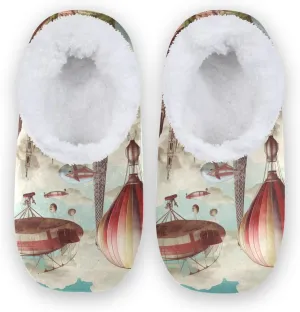 Watercolor Travel Vintage Airplanes Fuzzy Memory Foam Closed Back Slippers for Women Men Knit Fleece Lined House Shoes with Anti-Skid Sole Bedroom Shoes for Hotel Outdoor Indoor Bedroom