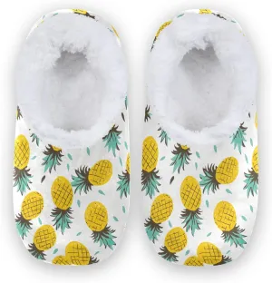 Watercolor Yellow Pineapples Dot Fuzzy Memory Foam Closed Back Slippers for Women Men Knit Fleece Lined House Shoes with Anti-Skid Sole Bedroom Shoes for Bedroom Hotel Indoor Outdoor
