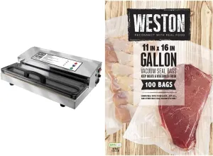Weston Pro-2300 Stainless Steel Vacuum Sealer and Weston 11-by-16-Inch Vacuum-Sealer Food Bags, 100 Count Bundle