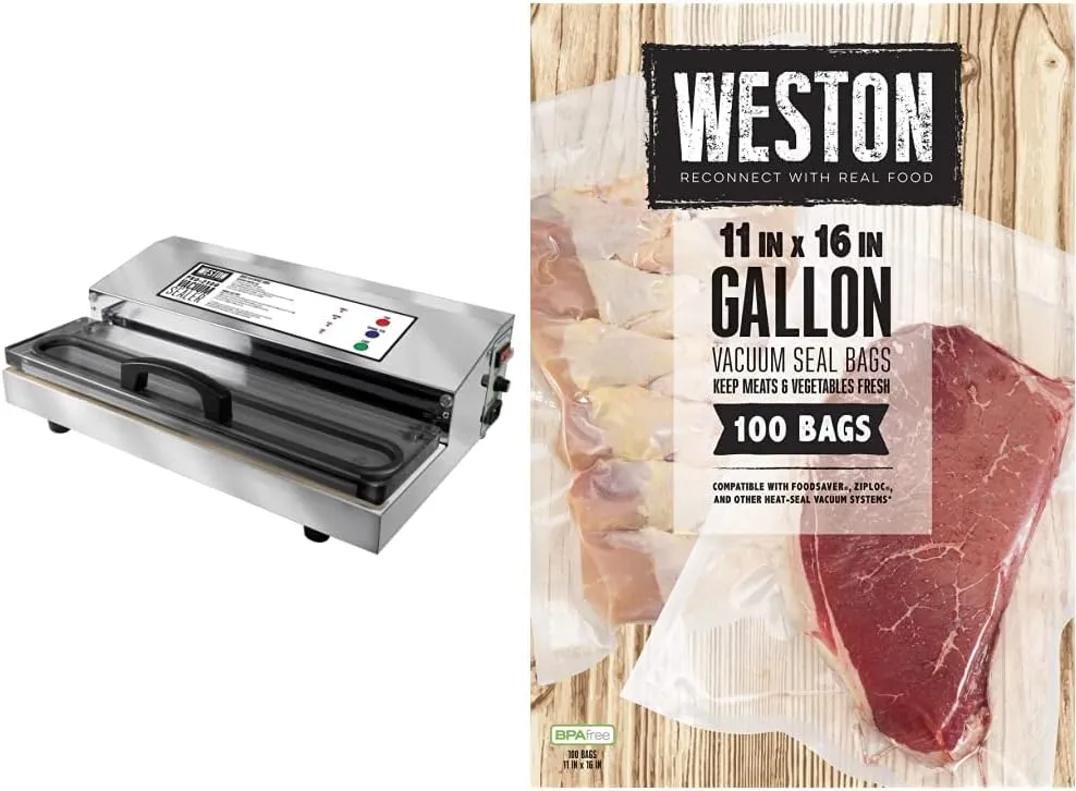 Weston Pro-2300 Stainless Steel Vacuum Sealer and Weston 11-by-16-Inch Vacuum-Sealer Food Bags, 100 Count Bundle