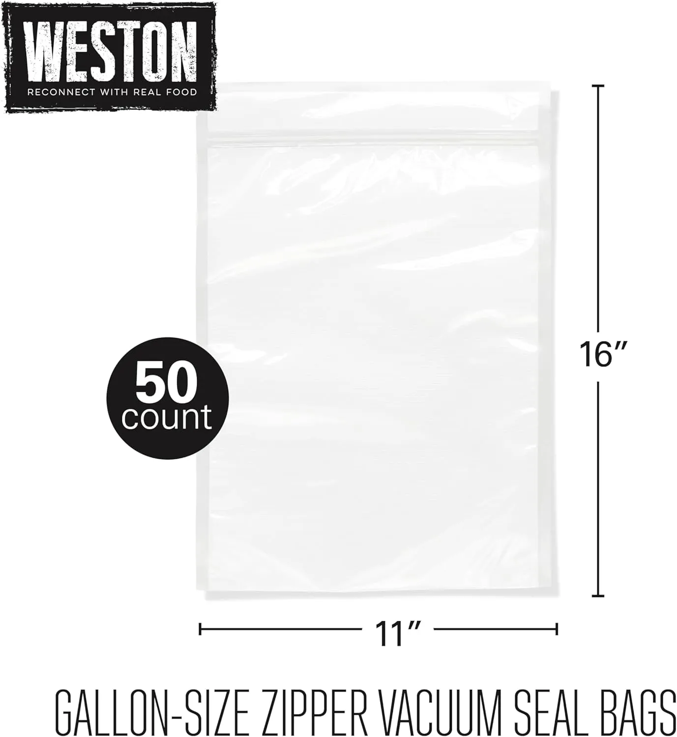 Weston Vacuum Sealer Bags, 2 Ply 3mm Thick, for NutriFresh, FoodSaver & Other Heat-Seal Systems, for Meal Prep and Sous Vide, BPA Free, 11" x 16" (Gallon), 50 count with Resealable Zipper, Clear