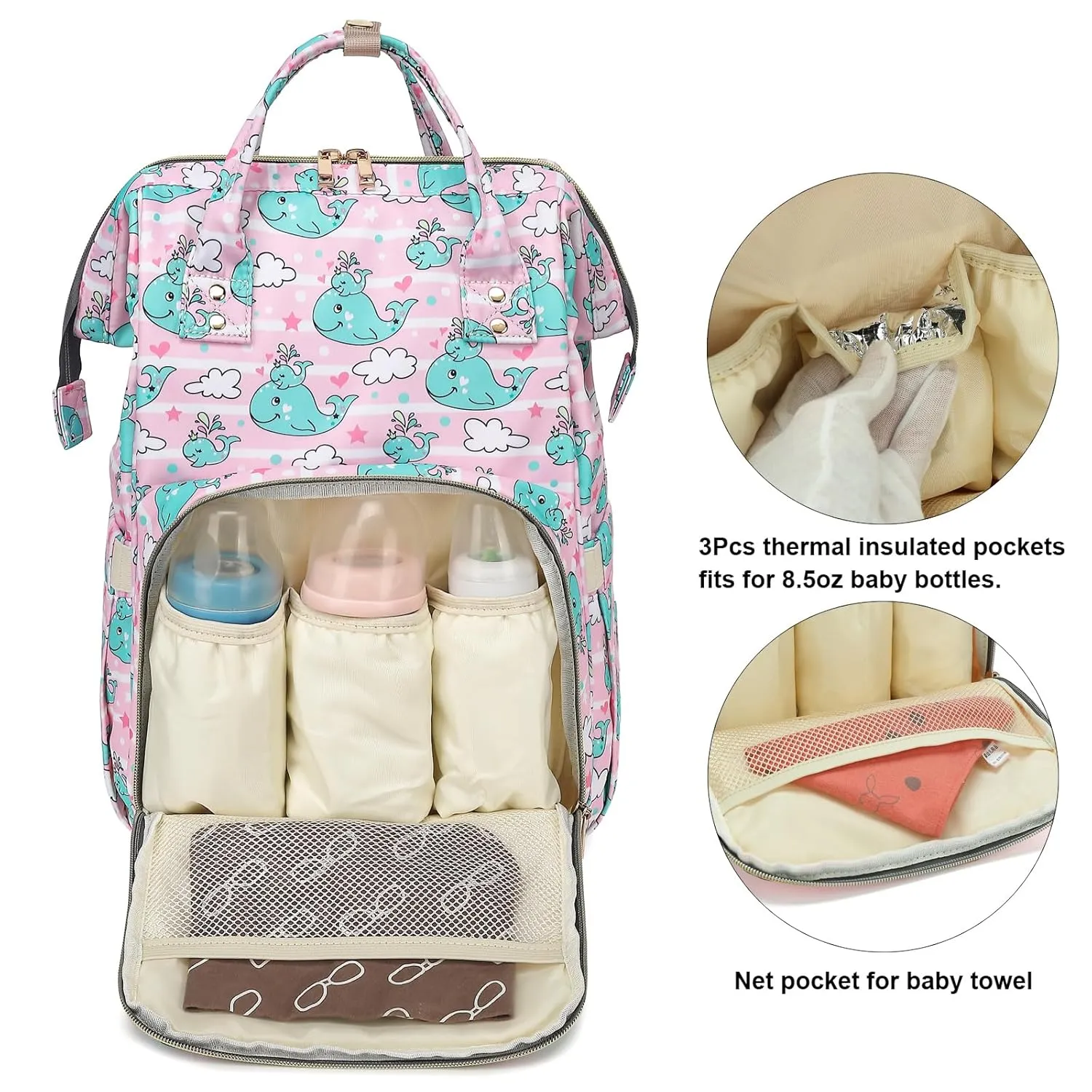 Whale Diaper Bag Backpack for Baby Girls, Mom Waterproof Large Nappy Bags for Women