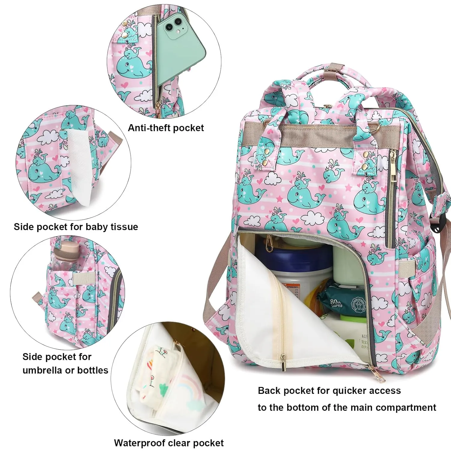 Whale Diaper Bag Backpack for Baby Girls, Mom Waterproof Large Nappy Bags for Women