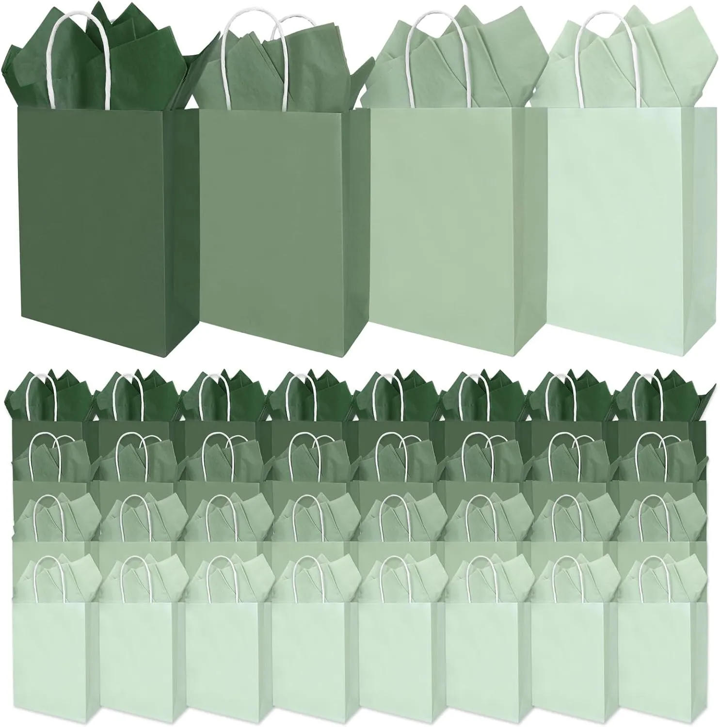 Whaline 36 Pcs Sage Green Paper Gift Bags with Tissue Paper Gradient Green Party Favor Bags with Handle Goodie Candy Treat Bag for Mother's Day Wedding Birthday Baby Shower One Lucky Duck Patry