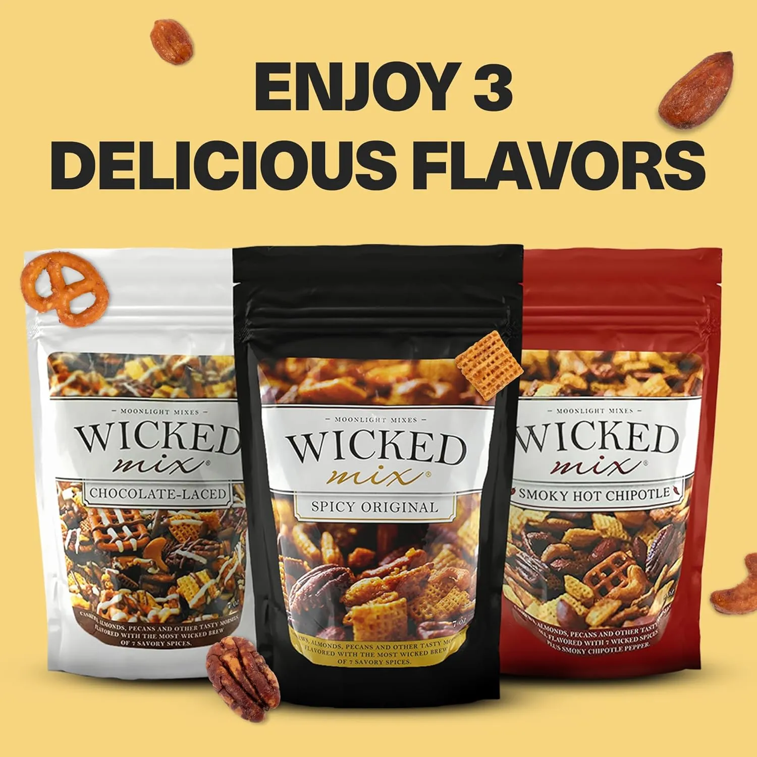 Wicked Mix Snack Mix with Mixed Nuts - Sweet and Salty Snacks Trail Mix Snack Packs with Almonds, Cashews, Pretzels, Pecans - Healthy Snacks Zero Trans Fat in Resealable Bag (Original Mix, Pack of 3)