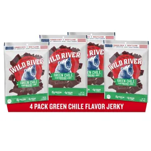 Wild River Green Chile Beef Jerky, Old Fashioned 100% Beef Jerky, Gluten Free, Deliciously Seasoned Protein Snacks, Savory Meat Snack for Lunches, Ready to Eat, 15g of Protein, 3.5 Ounce (Pack of 4)