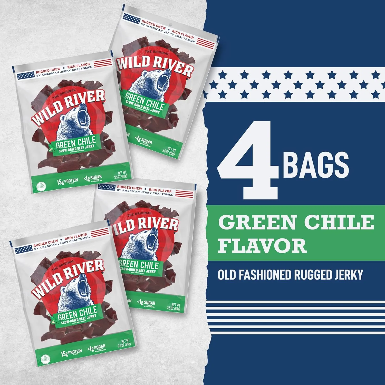 Wild River Green Chile Beef Jerky, Old Fashioned 100% Beef Jerky, Gluten Free, Deliciously Seasoned Protein Snacks, Savory Meat Snack for Lunches, Ready to Eat, 15g of Protein, 3.5 Ounce (Pack of 4)