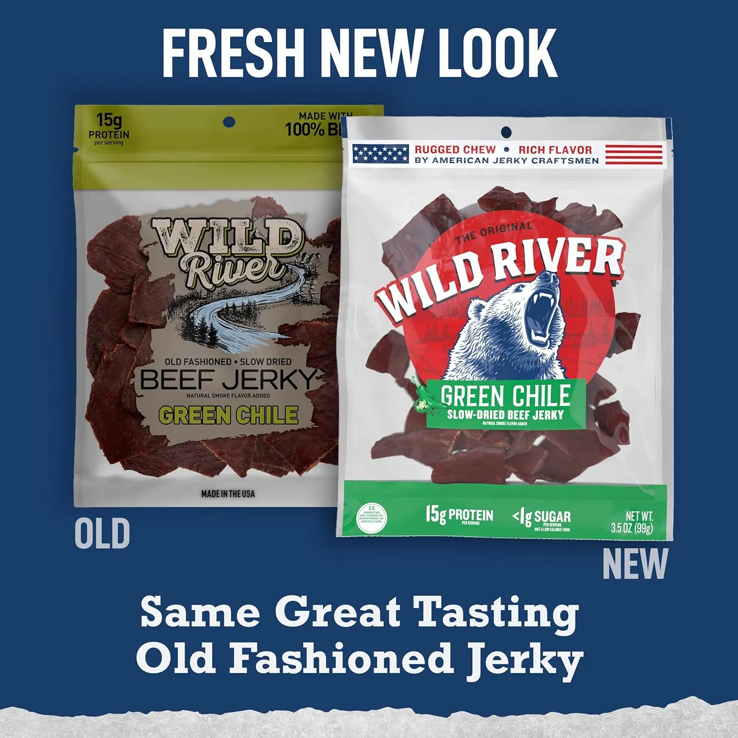 Wild River Green Chile Beef Jerky, Old Fashioned 100% Beef Jerky, Gluten Free, Deliciously Seasoned Protein Snacks, Savory Meat Snack for Lunches, Ready to Eat, 15g of Protein, 3.5 Ounce (Pack of 4)