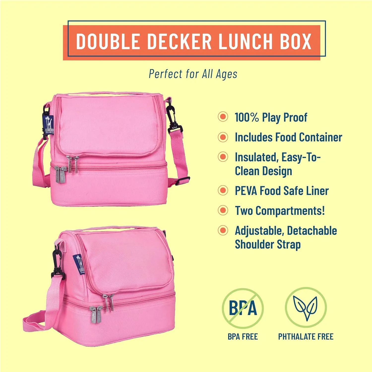Wildkin Two Compartment Insulated Lunch Bag for Kids – School & Travel Ready - Flamingo Pink
