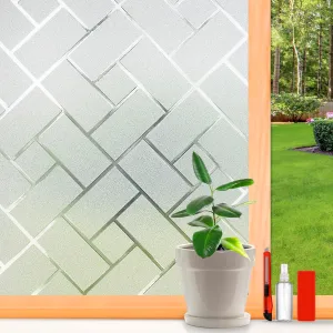 Window Privacy Film Frosted Glass Window Film Sun Blocking Window Tinting Film for Home, Static Clings Removable Frosting Bathroom Door Window Covering, 23.6 inch x 157.4 inch, White-grid