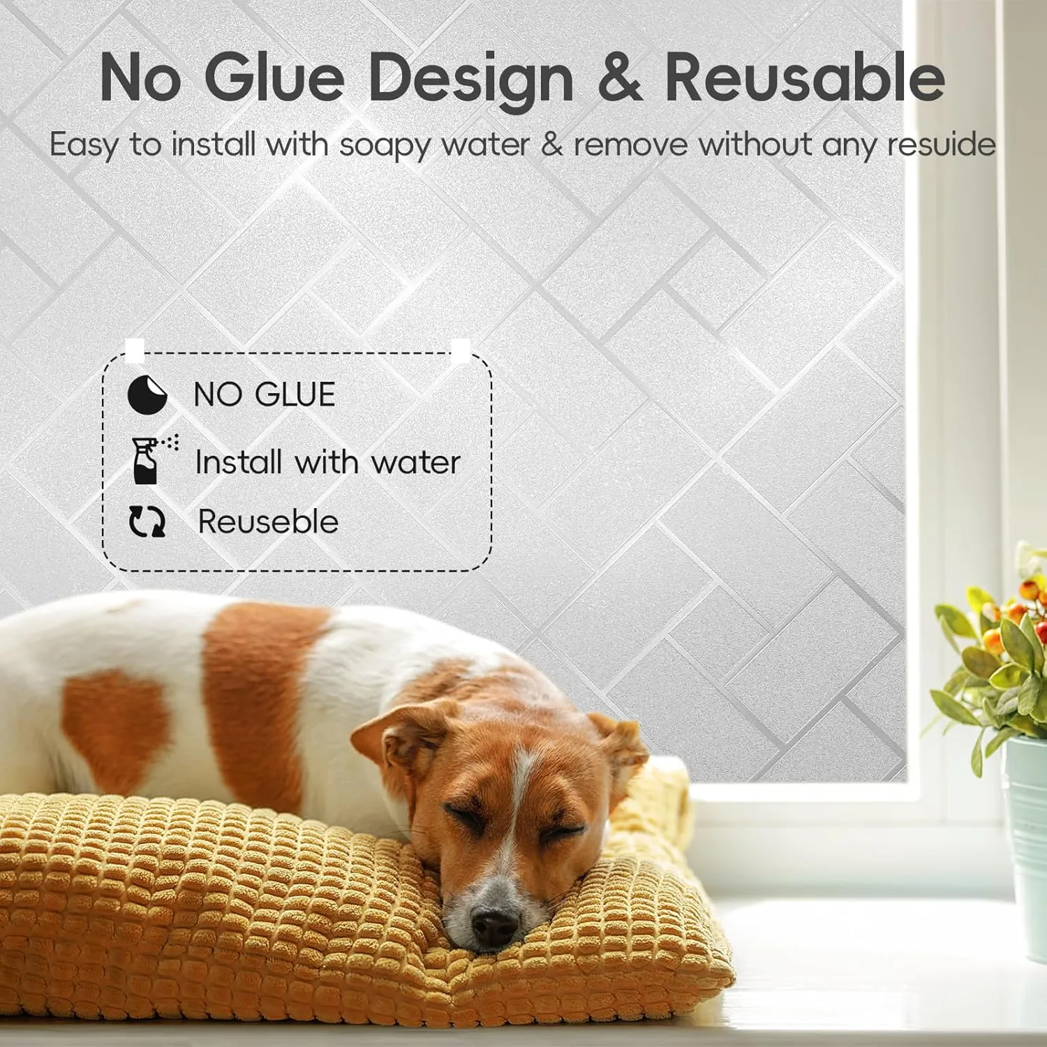 Window Privacy Film Frosted Glass Window Film Sun Blocking Window Tinting Film for Home, Static Clings Removable Frosting Bathroom Door Window Covering, 23.6 inch x 157.4 inch, White-grid