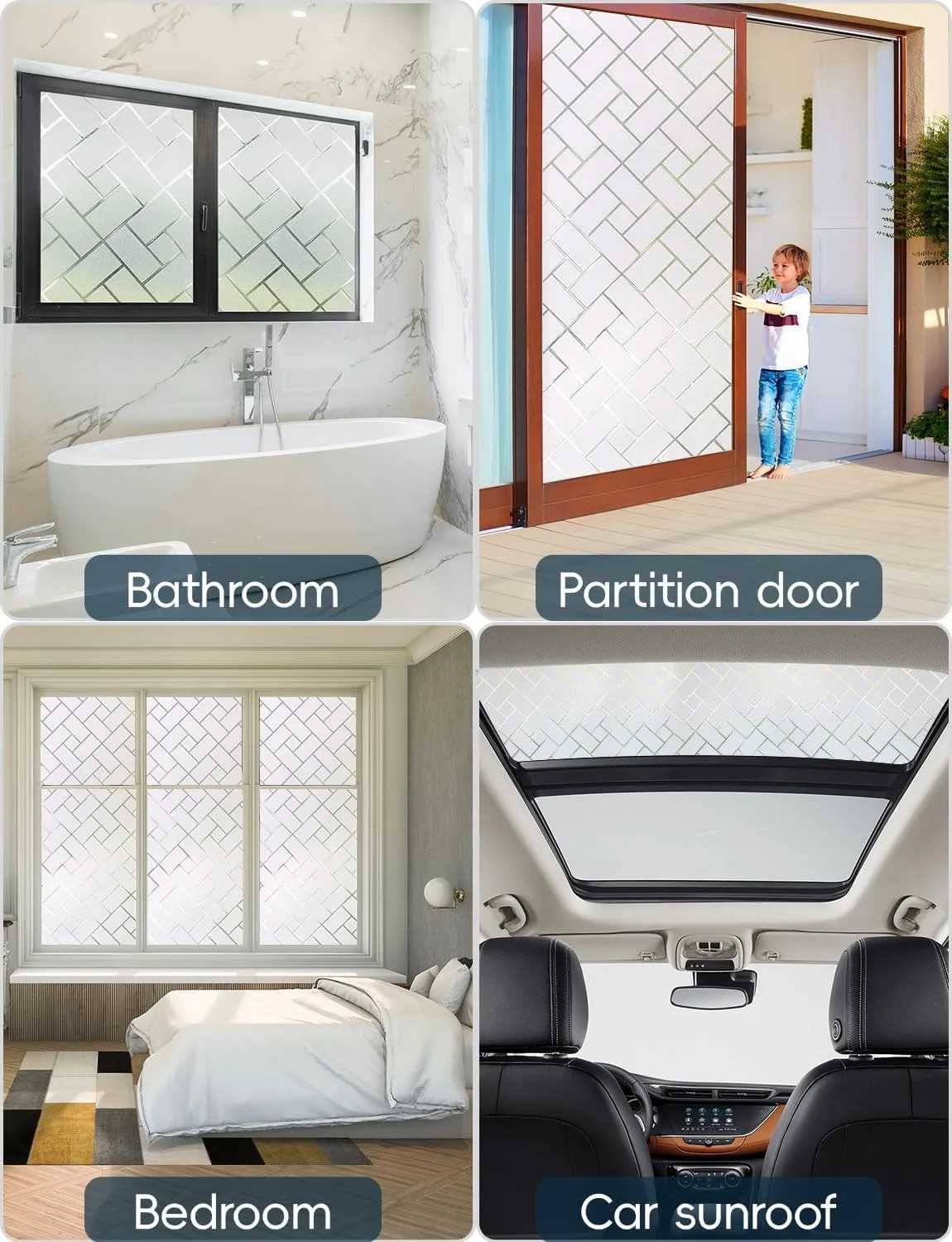 Window Privacy Film Frosted Glass Window Film Sun Blocking Window Tinting Film for Home, Static Clings Removable Frosting Bathroom Door Window Covering, 23.6 inch x 157.4 inch, White-grid