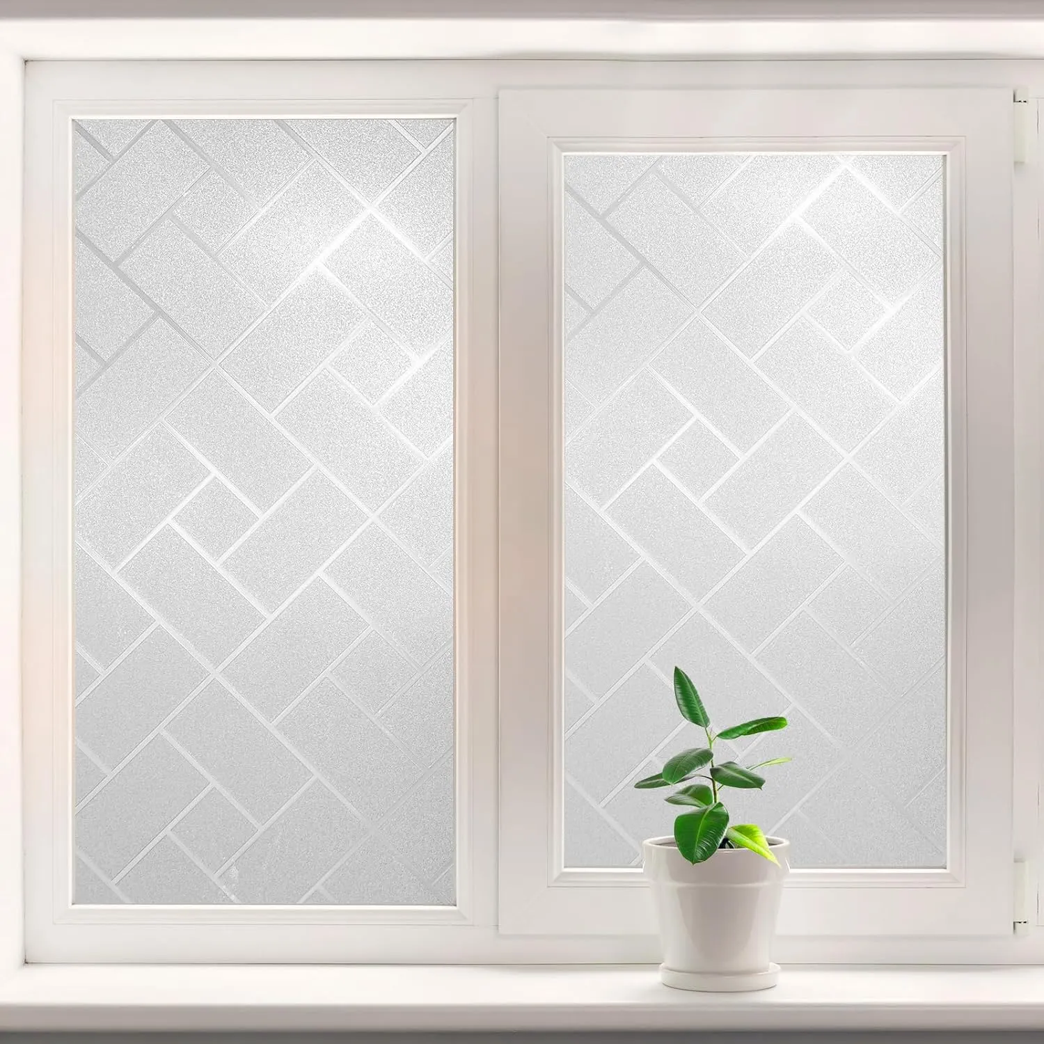 Window Privacy Film Frosted Glass Window Film Sun Blocking Window Tinting Film for Home, Static Clings Removable Frosting Bathroom Door Window Covering, 23.6 inch x 157.4 inch, White-grid